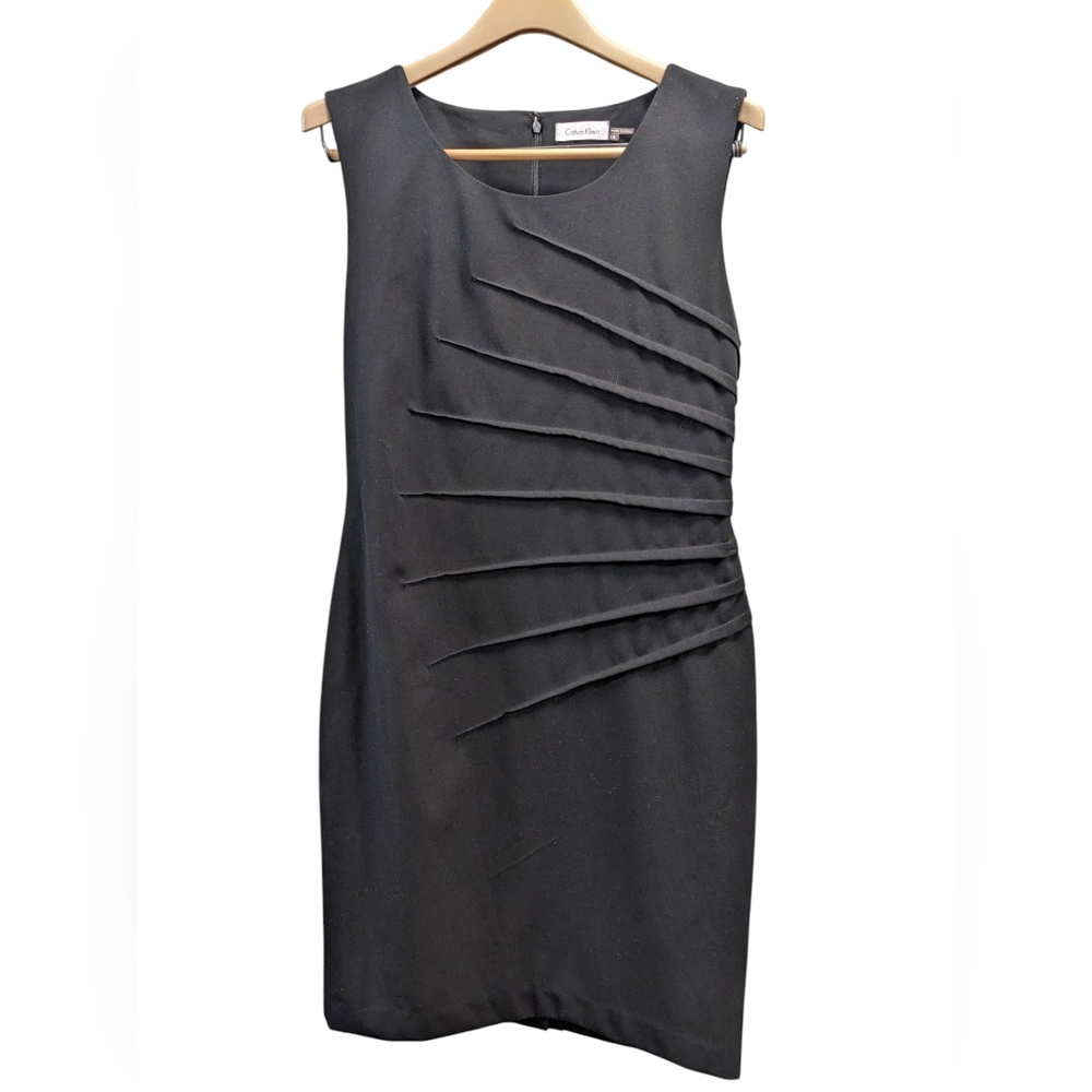 Calvin Klein Black Sleeveless Midi Dress with Angled Pleat Accents